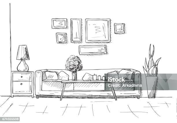 Linear Sketch Of An Interior Hand Drawn Vector Illustration Of A Sketch Style Stock Illustration - Download Image Now