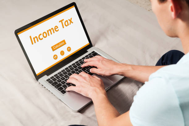 istock Man doing income tax declaration on line with a laptop at home. 674558890