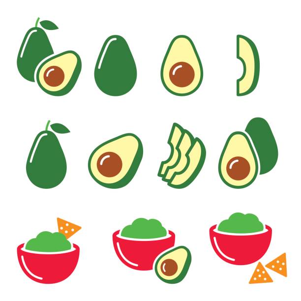 Avocado cut in half, fruit, guacamole with nachos icons set Vector food icons - avocado with seed isolated on white guacamole restaurant mexican cuisine avocado stock illustrations