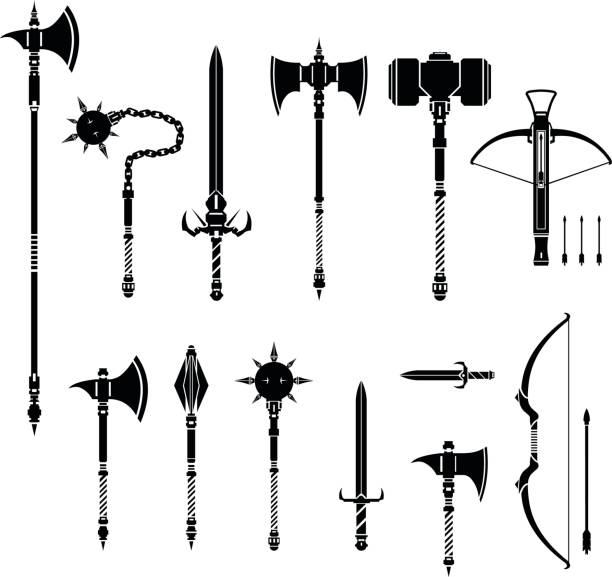 ilustrações de stock, clip art, desenhos animados e ícones de icon illustration vector set of arcane medieval weapons. - halberd