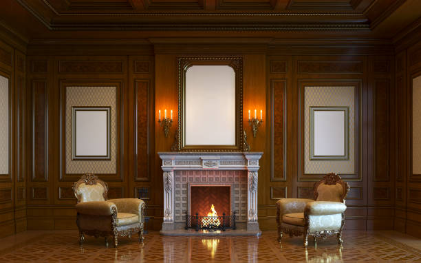 istock A classic interior with wood paneling and fireplace. 3d render. 674582820