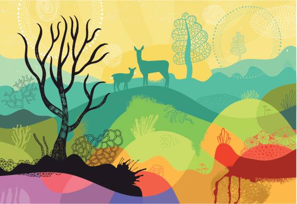 Sunny landscape with deer vector art illustration