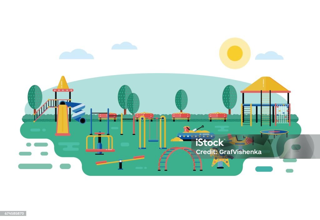 Kids playground vector landscape in flat design. Children play area devices on nature or urban park background. Kindergarten amusement toys outside. Youth sport and recreation ground equipment. Child Care stock vector