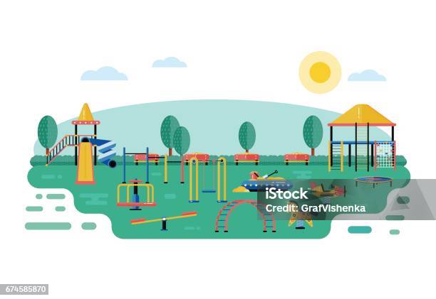 Kids Playground Vector Landscape In Flat Design Children Play Area Devices On Nature Or Urban Park Background Kindergarten Amusement Toys Outside Youth Sport And Recreation Ground Equipment Stock Illustration - Download Image Now