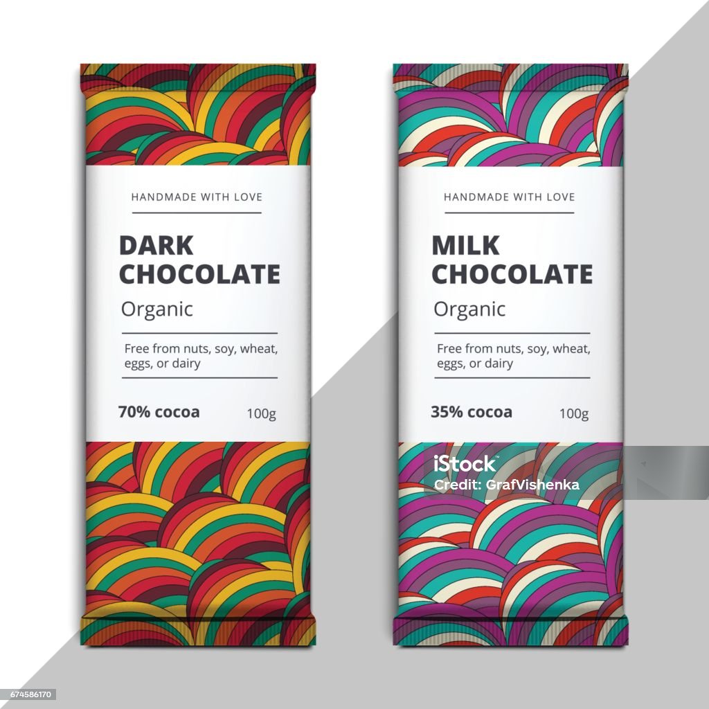 Organic dark and milk chocolate bar design. Choco packaging vector mockup. Trendy luxury product branding template with label and geometric pattern Organic dark and milk chocolate bar design. Choco packaging vector mockup. Trendy luxury product branding template with label and geometric pattern. Candy Wrapper stock vector