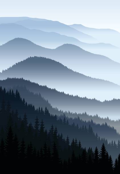 산에서 벡터 푸른 아침 - mountain mountain range rocky mountains silhouette stock illustrations