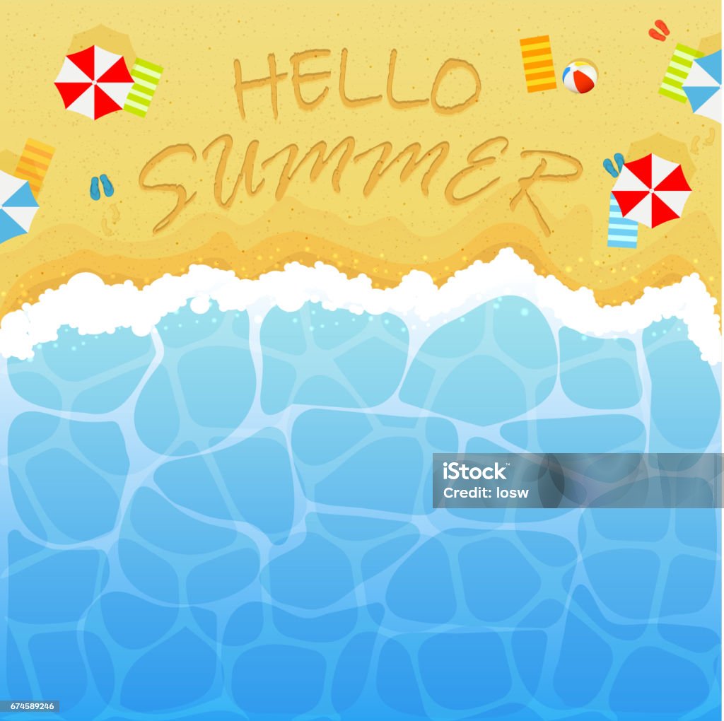 Summertime on sandy beach Summer background with ocean or sea and sandy beach. Lettering Hello Summer with colored beach ball, umbrellas, towels and flip flops with footprints, illustration. Balloon stock vector