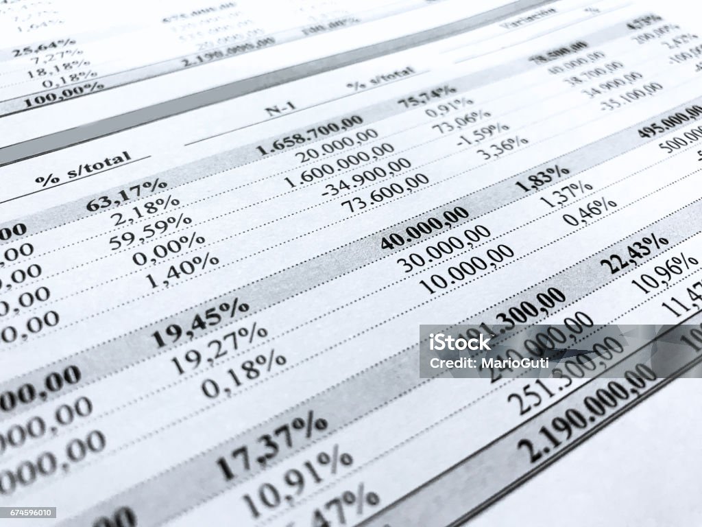 Rows of numbers from an accounting document Rows with numbers and percentages from an accounting document. Accounting Ledger Stock Photo