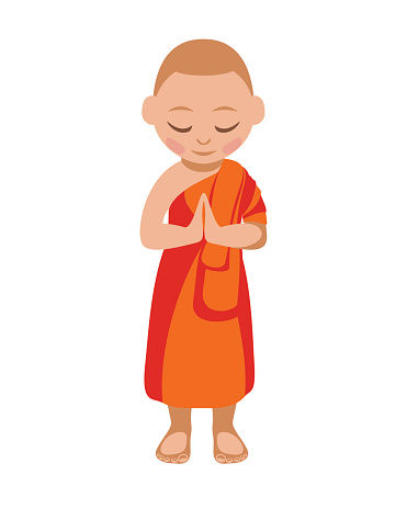 Buddhist monk boy praying. Vector flat illustration