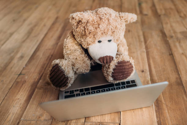istock front view of teddy bear toy and laptop on floor 674599644