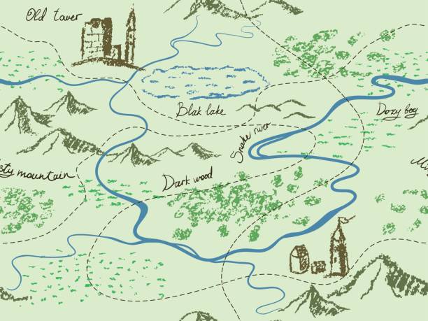 пожилые фантазии старинные бесшовные карты с горами, зданиями, деревьями, холмами, рекой. - montana map usa old stock illustrations