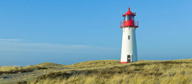 istock Red and white lighthouse on sand dunes, Island Sylt, Germany 674603320