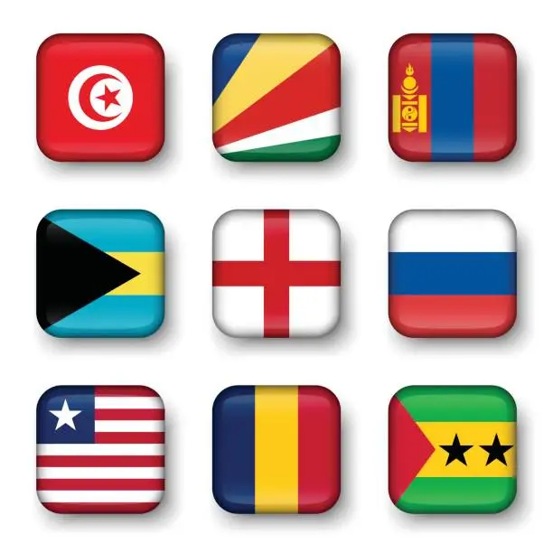 Vector illustration of Set of world flags quadrangular badges ( Tunisia . Seychelles . Mongolia . Bahamas . England . Russia . Liberia . Chad . Sao Tome and Principe )