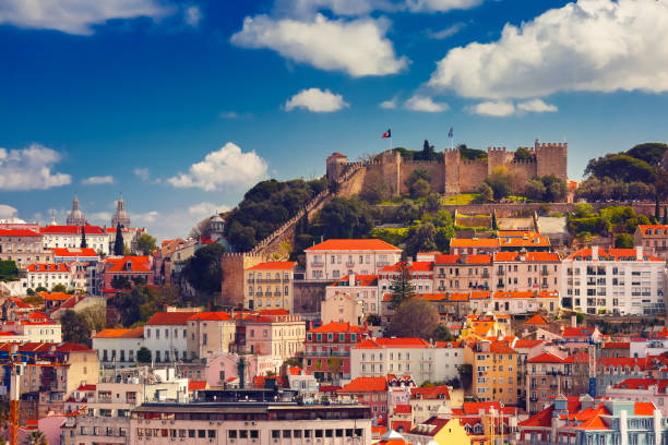 Aerial view of Castle of Saint George or Sao Jorge and the historical centre of Lisbon on the sunny afternoon, Lisbon, Portugal