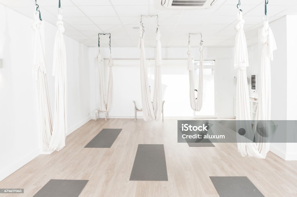 Gym prepared for aerial yoga classes Interior of aerial yoga studio Yoga Studio Stock Photo