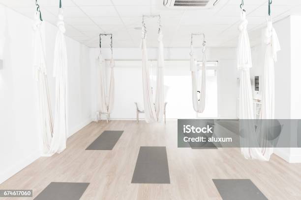 Gym Prepared For Aerial Yoga Classes Stock Photo - Download Image Now - Yoga Studio, Aerial Yoga, No People