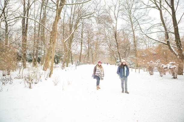 istock Ladies Walking Alone in Snow Woods 674617320