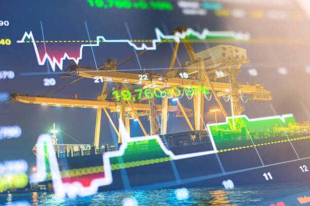 istock Crane cargo market and finance economic background 674617544