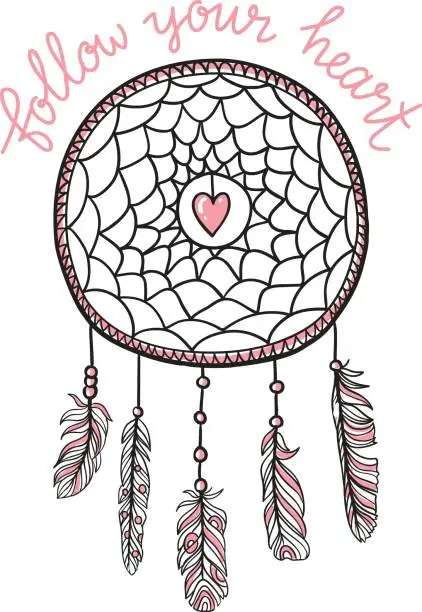 Vector illustration of Boho template with inspirational quote lettering - Follow your heart. Vector ethnic print design with dreamcatcher. Love card for Valentine's day.