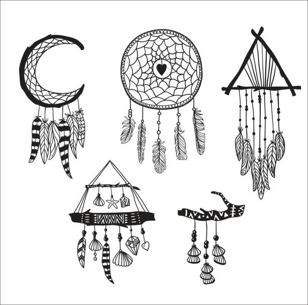 Set of Dreamcatchers. Design elements in Boho style. Lineart. Native style. Tattoo design. Pattern for coloring book. Print for T-shirt. Set of Dreamcatchers. Design elements in Boho style. Lineart. Native style. Tattoo design. Pattern for coloring book. Print for T-shirt. spider tribal tattoo stock illustrations