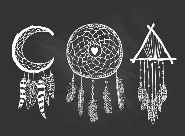 Set of Dreamcatchers. Design elements in Boho style. Lineart. Native style on the chalkboard. Tattoo design. Pattern for coloring book. Print for T-shirt. Set of Dreamcatchers. Design elements in Boho style. Lineart. Native style on the chalkboard. Tattoo design. Pattern for coloring book. Print for T-shirt. spider tribal tattoo stock illustrations