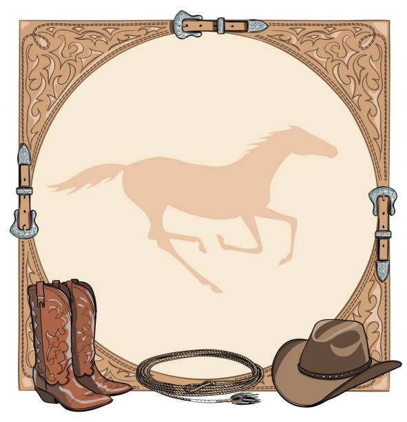 istock Cowboy horse equine riding tack tool in the western leather belt frame. Western boot, hat, lasso rope and galloping horse. 674640802