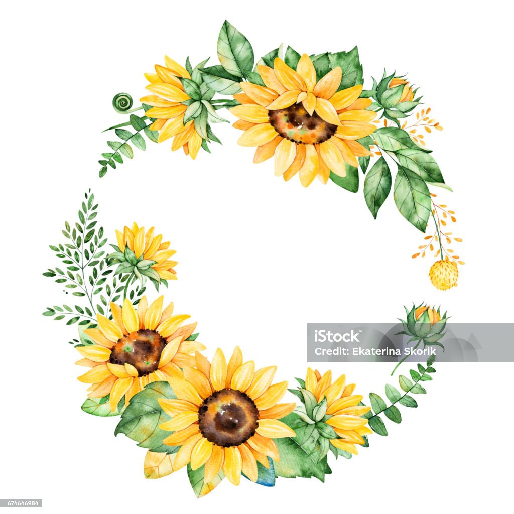 Colorful floral wreath with sunflowers Colorful floral wreath with sunflowers,leaves,foliage,branches,fern leaves and place for your text..Perfect for wedding,quotes,Birthday,boho style,invitations,greeting cards,print,blogs etc Sunflower stock illustration