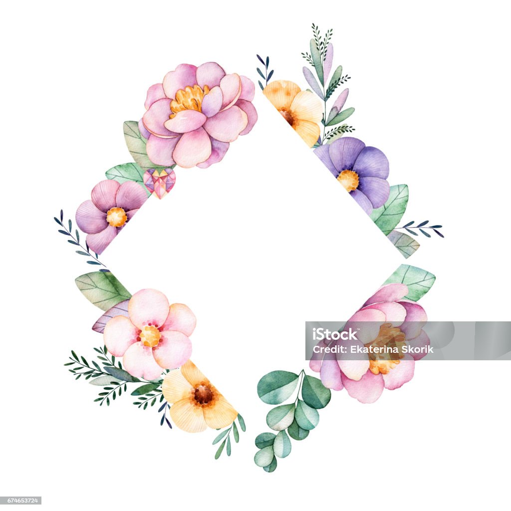 Beautiful watercolor rhombus frame border Beautiful watercolor rhombus frame border with peony,flower,foliage,branches and gemstones.Handpainted illustration.Can be used for greeting card,wedding,Birthday and baby cards,invitation,lettering Border - Frame stock illustration