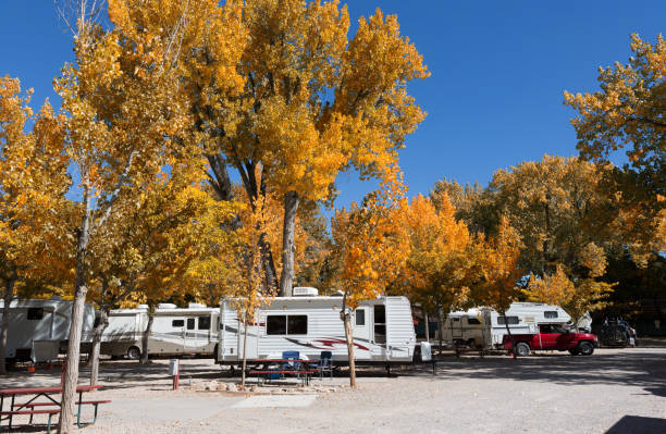 istock Vintage American mobile home on a camping site 674654208