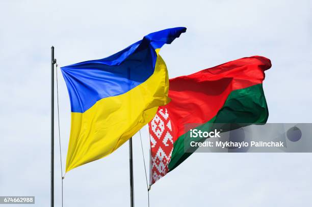 Photo libre de droit de Agitant Des Drapeaux De Lukraine Et Du Bélarus banque d'images et plus d'images libres de droit de Biélorussie - Biélorussie, Ukraine, Drapeau ukrainien