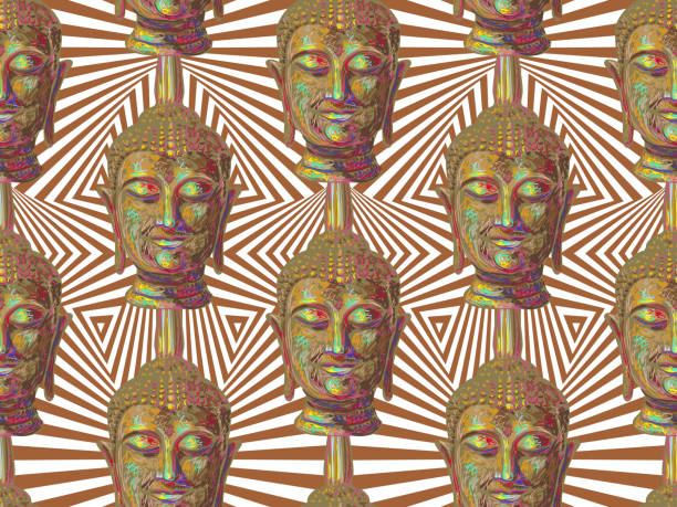 istock Seamless hippie pattern with Buddha head. Thai god, yoga zen. Esoteric background perfect for wallpaper, pattern fill, web page, surface texture, textile. Indian Buddhism spiritual art 674666912
