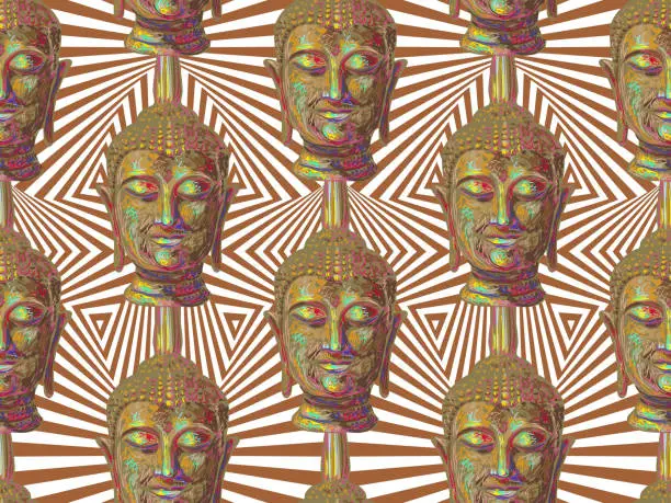 Vector illustration of Seamless hippie pattern with Buddha head. Thai god, yoga zen. Esoteric background perfect for wallpaper, pattern fill, web page, surface texture, textile. Indian Buddhism spiritual art