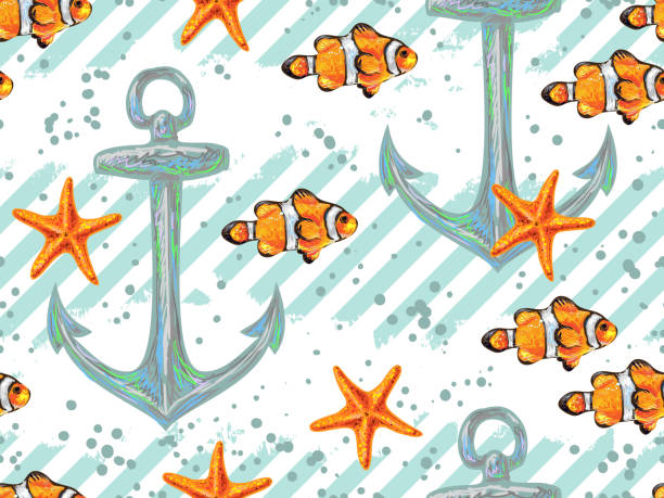 istock Seamless pattern with fish, anchor, starfish. Ocean background. Vacation, holiday, travel, summer. Sea life texture. Perfect for wallpaper, pattern fill, web page background, surface textures, textile 674670264