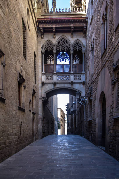 istock Neogothic bridge at Carrer del Bisbe in Barcelona 674679950