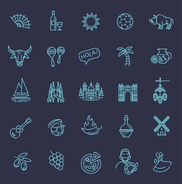 Vector illustration of Spain outlined icon set