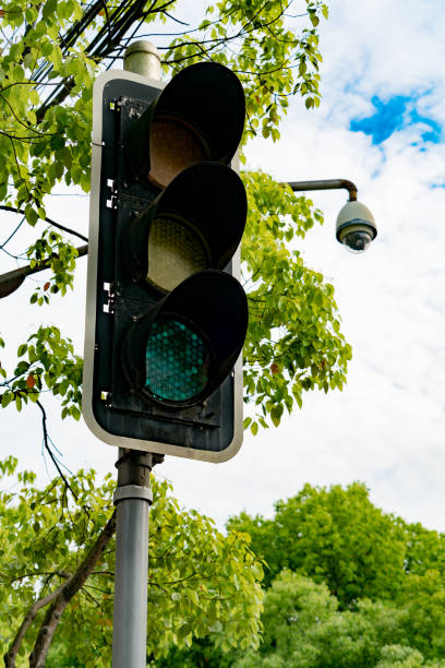 istock Green light of traffic light on the pole with the tree and blue sky 674694786