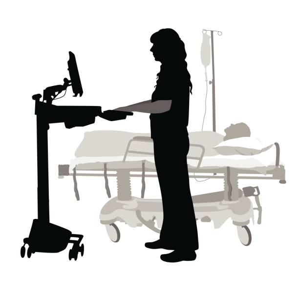 Patient Data Search A vector silhouette illustration of a female nurse working on a mobile computer work station in a hospital room with a patient in a gurney with an iv drip. nurse silhouettes stock illustrations
