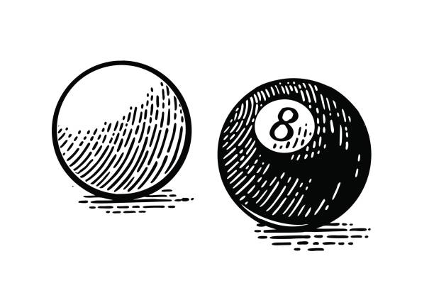 ilustrações de stock, clip art, desenhos animados e ícones de white and eight billiard balls. vintage black engraving - bilhar desporto com taco ilustrações