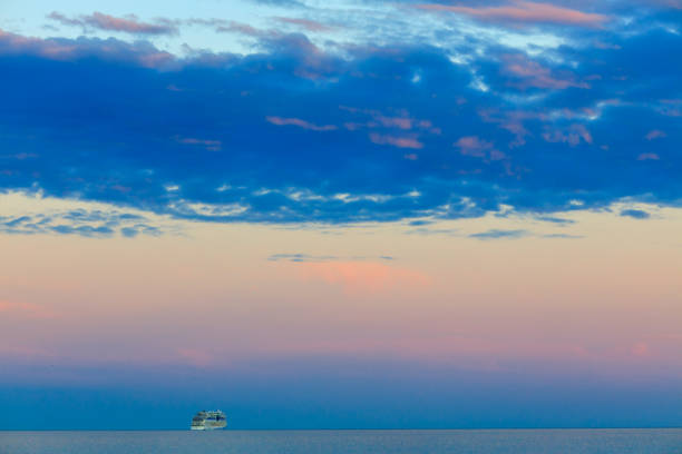 Beautiful seascape with vessel and sunset over Mediterranean sea