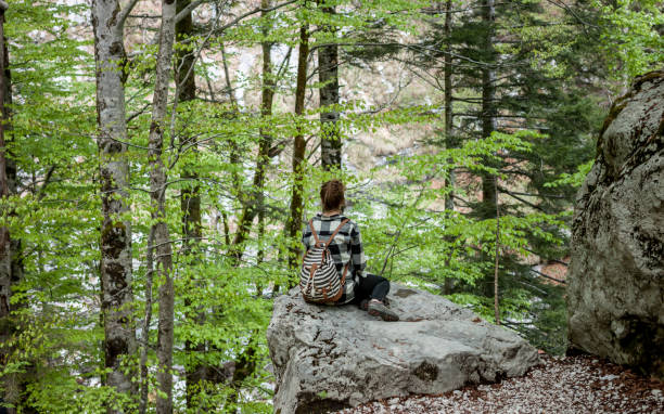 istock woman traveler sitting in forest 674724266