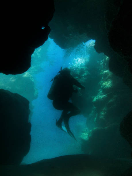 istock View of Single Scuba Diver in Darker Cave Blue with Rocks Framing Diver 674727636