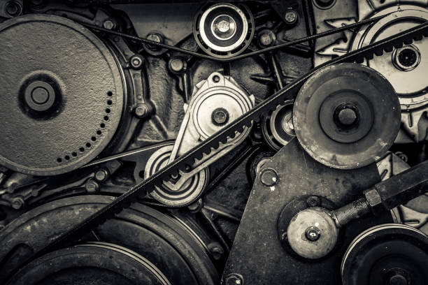 close-up car engine, internal combustion engine. black and white photo