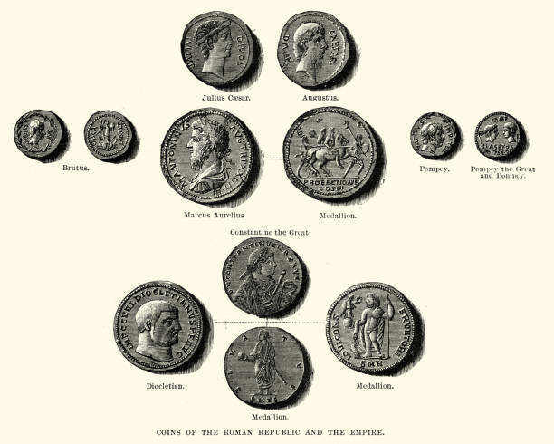 Ancient coins of the Roman Republic and Empire Vintage engraving of Ancient coins of the Roman Republic and Empire ancient roman civilization stock illustrations