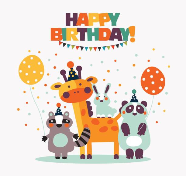 お誕生日おめでとう - 面白い, かわいい動物、風船の花輪と素敵なベクトル カード - small child image white background点のイラスト素材／クリップアート素材／マンガ素材／アイコン素材
