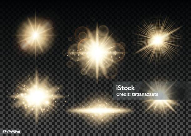 Vector Illustration Of Golden Lights Set Stock Illustration - Download Image Now - Magic Wand, Star - Space, Star Shape