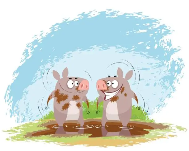 Vector illustration of Two boars in mud