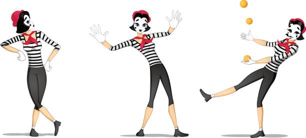 Set 2 of girl mime performances Set of girl mime performing different pantomimes drawn in cartoon style charades stock illustrations