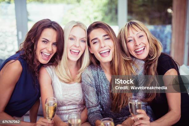 Portrait Of Beautiful Women Having Drink Stock Photo - Download Image Now - Party - Social Event, Women, 35-39 Years