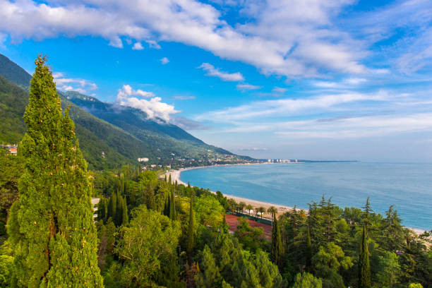 beautiful aerial view on black sea coastline - russia river landscape mountain range imagens e fotografias de stock