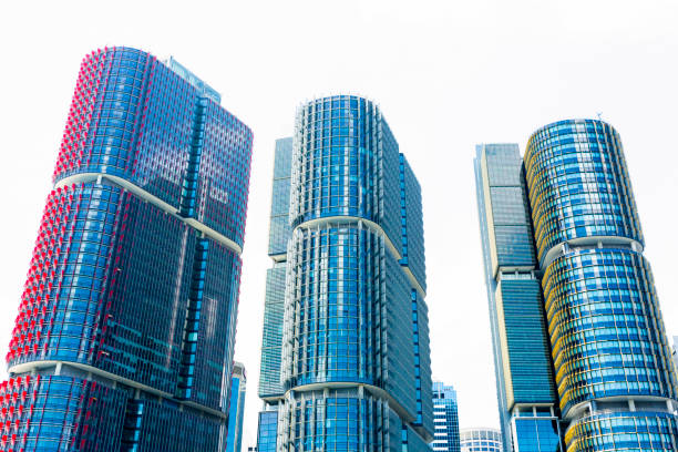 Contemporary skyscrapers, Barangaroo, Sydney Australia, white background with copy space, full frame horizontal composition